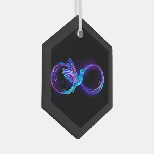 Neon Oneindigheidssymbool met Glowende Kolibrie Glas Ornament (Voorkant Rechts)