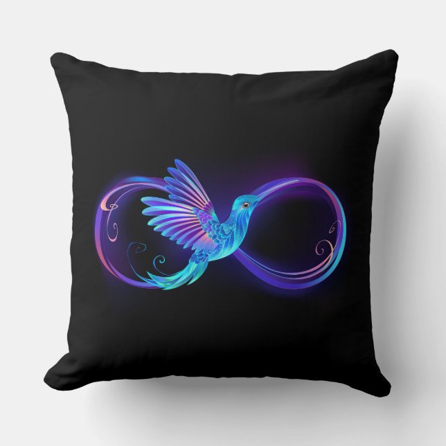Neon Oneindigheidssymbool met Glowende Kolibrie Kussen (Voorkant)