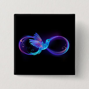 Neon Oneindigheidssymbool met Glowende Kolibrie Vierkante Button 5,1 Cm