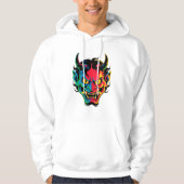 Neon Oni Rage - Kleurrijke Japanse Demon Mask Vect Hoodie (Voorkant)