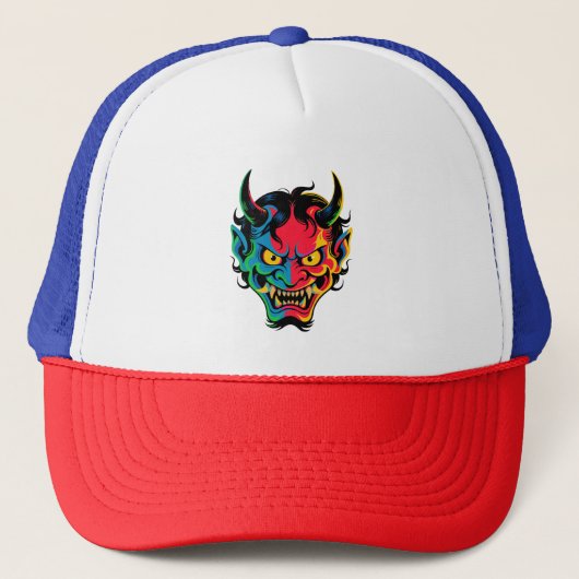 Neon Oni Rage Kleurrijke Japanse Demon Mask Vector Trucker Pet (Voorkant)