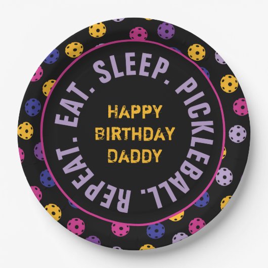 Neon op zwarte pickleball, aangepaste naam papieren bordje (Voorkant)