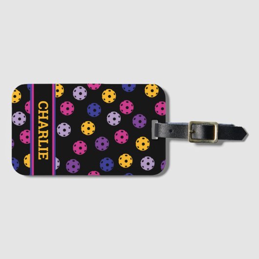 Neon op zwarte pickleball, aangepaste tekst bagagelabel (Voorkant (horizontaal))