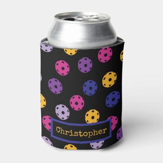 Neon op zwarte pickleball, aangepaste tekst blikjeskoeler (Blikje Voorkant)