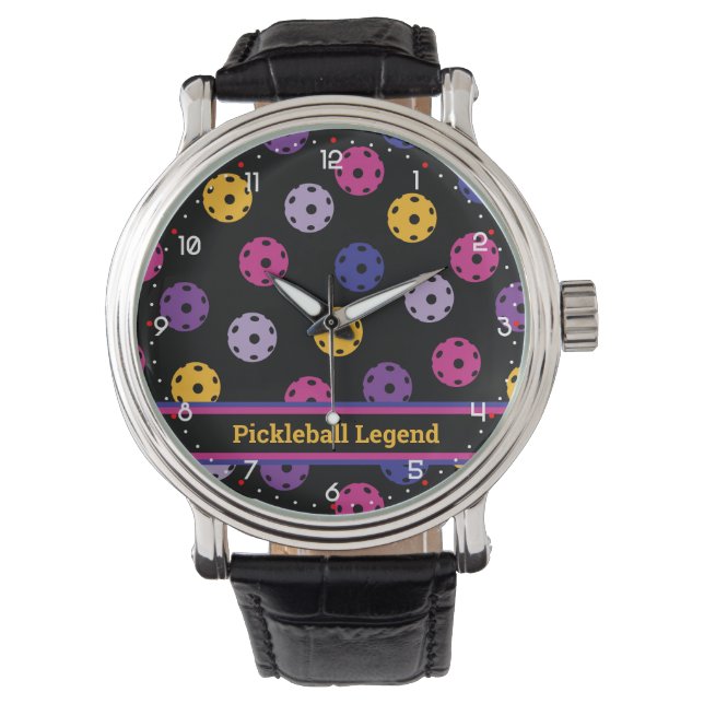 Neon op zwarte pickleball, aangepaste tekst horloge (Voorkant)