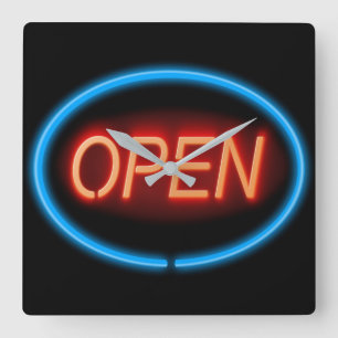 Neon open teken. vierkante klok