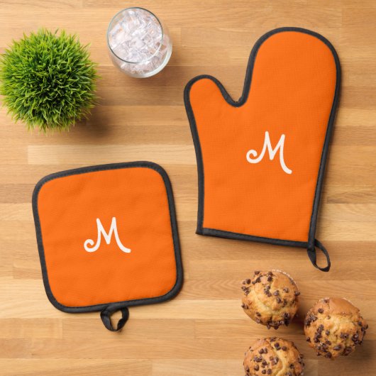 neon oranje - monogrammen ovenwant & pannenlap set (Top down)