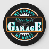 Neon Oranje Turquoise Blue Garage Text op Black Grote Klok (Voorkant)