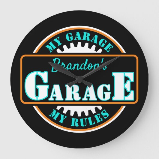 Neon Oranje Turquoise Blue Garage Text op Black Grote Klok (Voorkant)