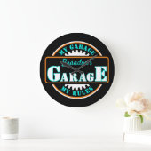 Neon Oranje Turquoise Blue Garage Text op Black Grote Klok (Huis)