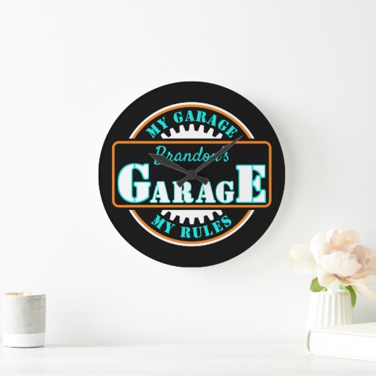 Neon Oranje Turquoise Blue Garage Text op Black Grote Klok (Huis)