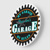 Neon Oranje Turquoise Blue Garage Text op Black Grote Klok (Hoek)