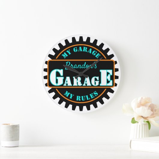 Neon Oranje Turquoise Blue Garage Text op Black Grote Klok (Huis)