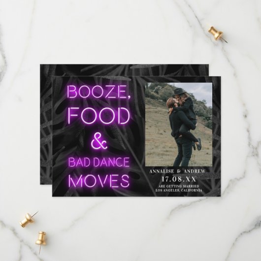 Neon paars casual palmblad, behalve de datumfoto save the date (Voorkant / Achterkant in situ)