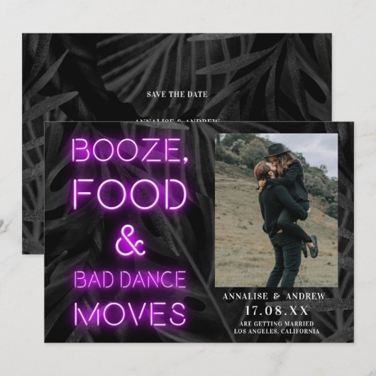 Neon paars casual palmblad, behalve de datumfoto save the date (Voorkant / Achterkant)