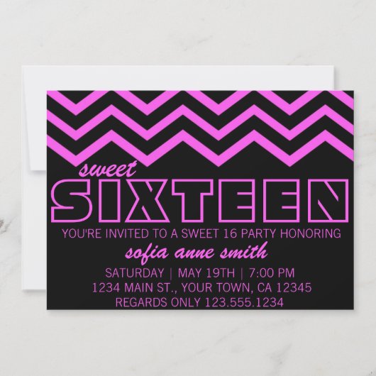 Neon Paars en Black Chevron Sweet 16 Uitnodiging (Voorkant)