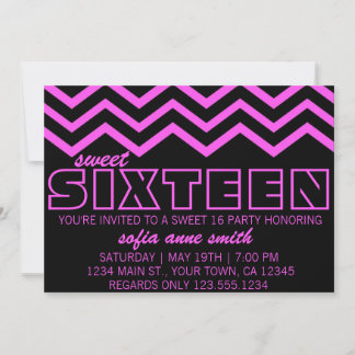 Neon Paars en Black Chevron Sweet 16 Uitnodiging