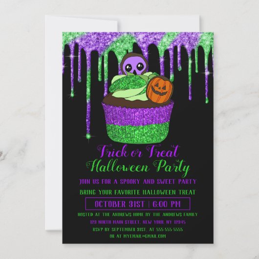 Neon Paars Green Glitter Cupcake Halloween Kaart (Voorkant)