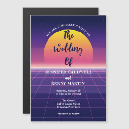 Neon Paars Retro 80s Synthwave Sunset Wedding Magnetische Uitnodiging