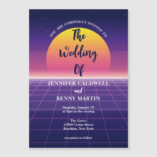 Neon Paars Retro 80s Synthwave Sunset Wedding Magnetische Uitnodiging (Voorkant)