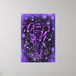 Neon Paars roze olifant loopt op Sterrennacht Canvas Afdruk