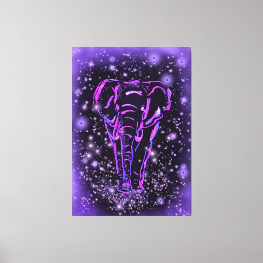 Neon Paars roze olifant loopt op Sterrennacht Canvas Afdruk (Voorkant)