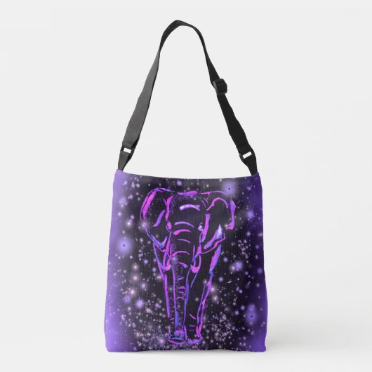 Neon Paars roze olifant loopt op Sterrennacht Crossbody Tas (Achterkant)