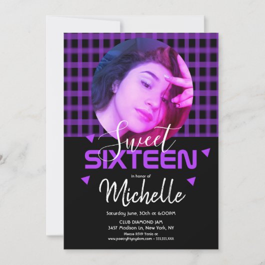 Neon Paars Sweet Sixteen Fotoraster Kaart (Voorkant)