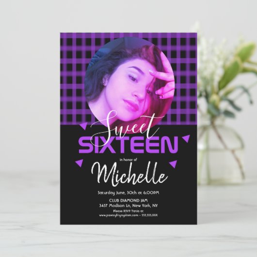 Neon Paars Sweet Sixteen Fotoraster Kaart (Staand voorkant)