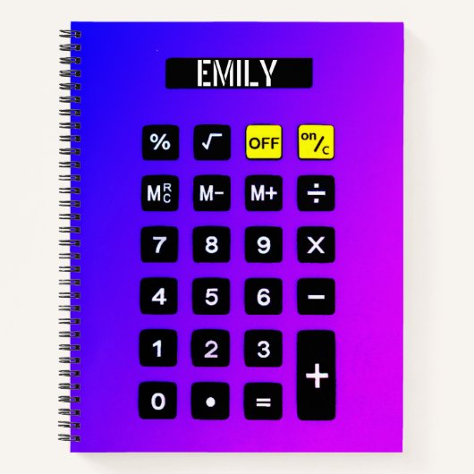 Neon Paarse calculator met naam Notitieboek (Voorkant)