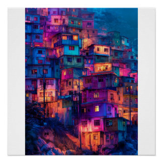 Neon Paarse Favela Nacht Levendige Heuvelstad Stad Perfect Poster