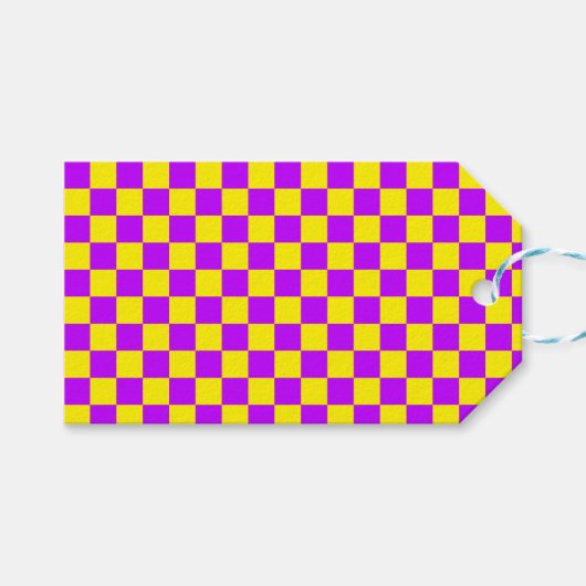Neon Paarse Geel Geruite Checkerboard  Cadeaulabel (Voorkant (Horizontaal))