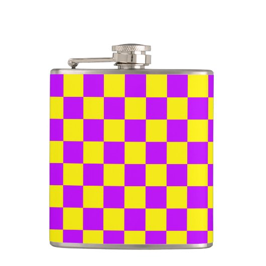 Neon Paarse Geel Geruite Checkerboard  Heupfles (Voorkant)