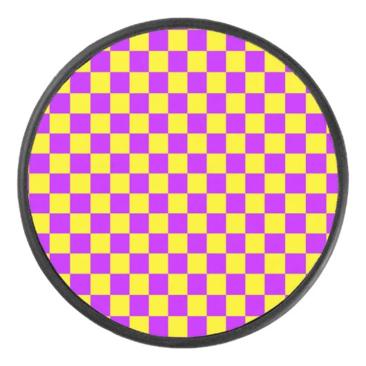 Neon Paarse Geel Geruite Checkerboard  Hockey Puck (Voorkant)