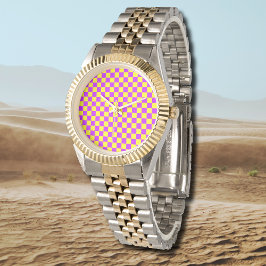 Neon Paarse Geel Geruite Checkerboard Horloge