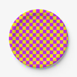 Neon Paarse Geel Geruite Checkerboard Papieren Bordje
