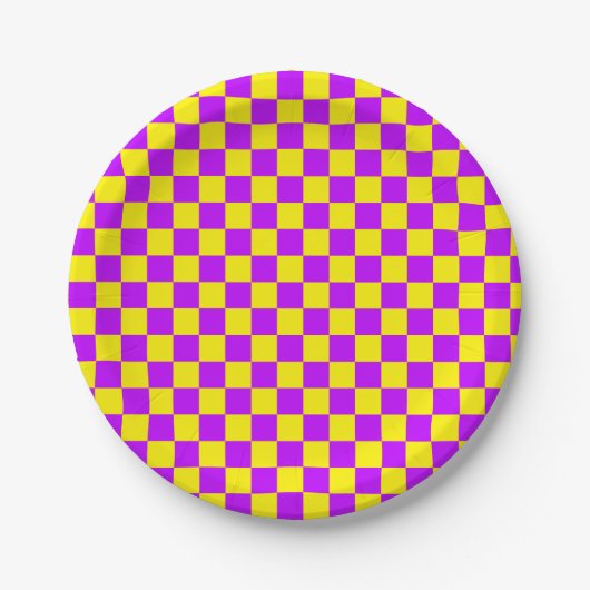 Neon Paarse Geel Geruite Checkerboard Papieren Bordje (Voorkant)