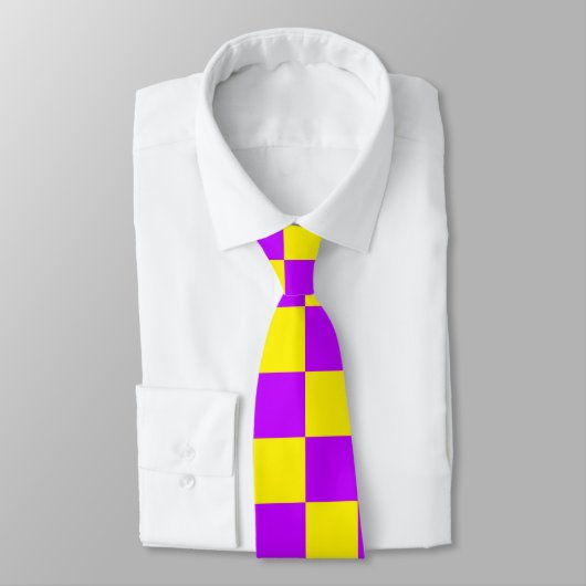 Neon Paarse Geel Geruite Checkerboard  Stropdas (Gebonden)