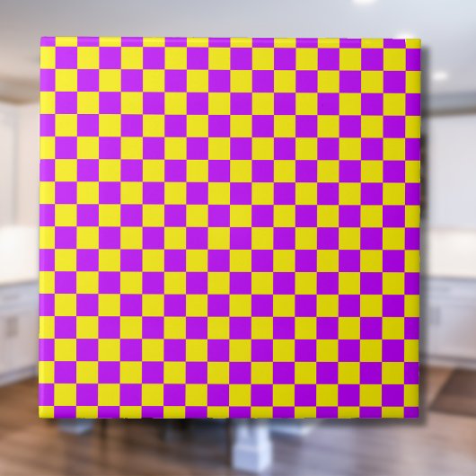 Neon Paarse Geel Geruite Checkerboard  Tegeltje