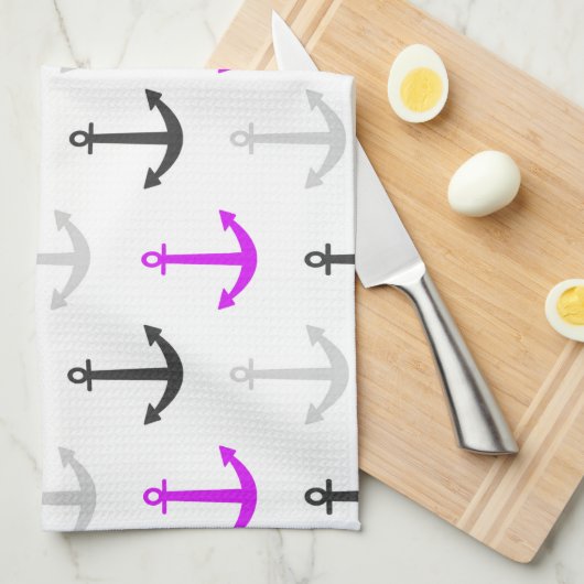 Neon Paarse, Grijs, Ankers; Nautisch Theedoek (Quarter Fold)