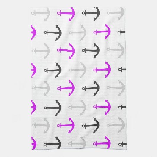 Neon Paarse, Grijs, Ankers; Nautisch Theedoek (Verticaal)