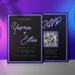 Neon Paarse Lights Zwart Modern Alles in één bruil Kaart<br><div class="desc">Maak je bruiloft prachtig met deze coole uitnodigingen van JessicaAmber. Deze kaart bevat paarse neonletters voor de namen van het getrouwde stel. Moderne witte letters leggen de details van de bruiloft uit, inclusief de locatie, datum en tijd. Op de achterkant staat een QR-code die kan linken naar je trouwwebsite, waar...</div>