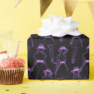 Neon Paarse Modefiguren op Zwart Cadeaupapier