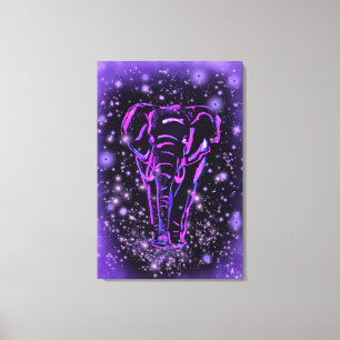 Neon Paarse Roze Olifant Wandelen Bij Sterrennacht Canvas Afdruk