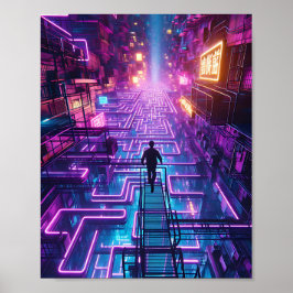 Neon Paarse stadsdoolhof - Dystopian City Labyrint Poster
