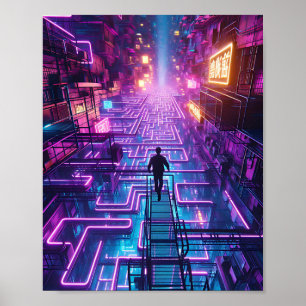 Neon Paarse stadsdoolhof - Dystopian City Labyrint Poster