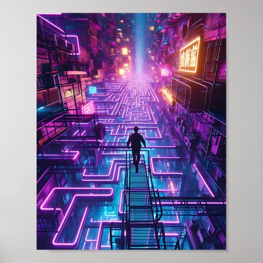 Neon Paarse stadsdoolhof - Dystopian City Labyrint Poster (Voorkant)