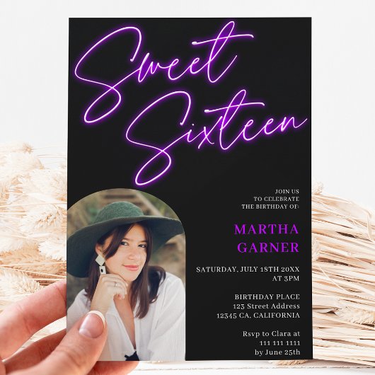 Neon paarse teken script fun foto boog Sweet 16 Kaart