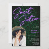 Neon paarse teken script groene foto boog Sweet 16 Kaart (Voorkant)