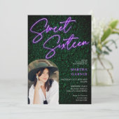 Neon paarse teken script groene foto boog Sweet 16 Kaart (Staand voorkant)
